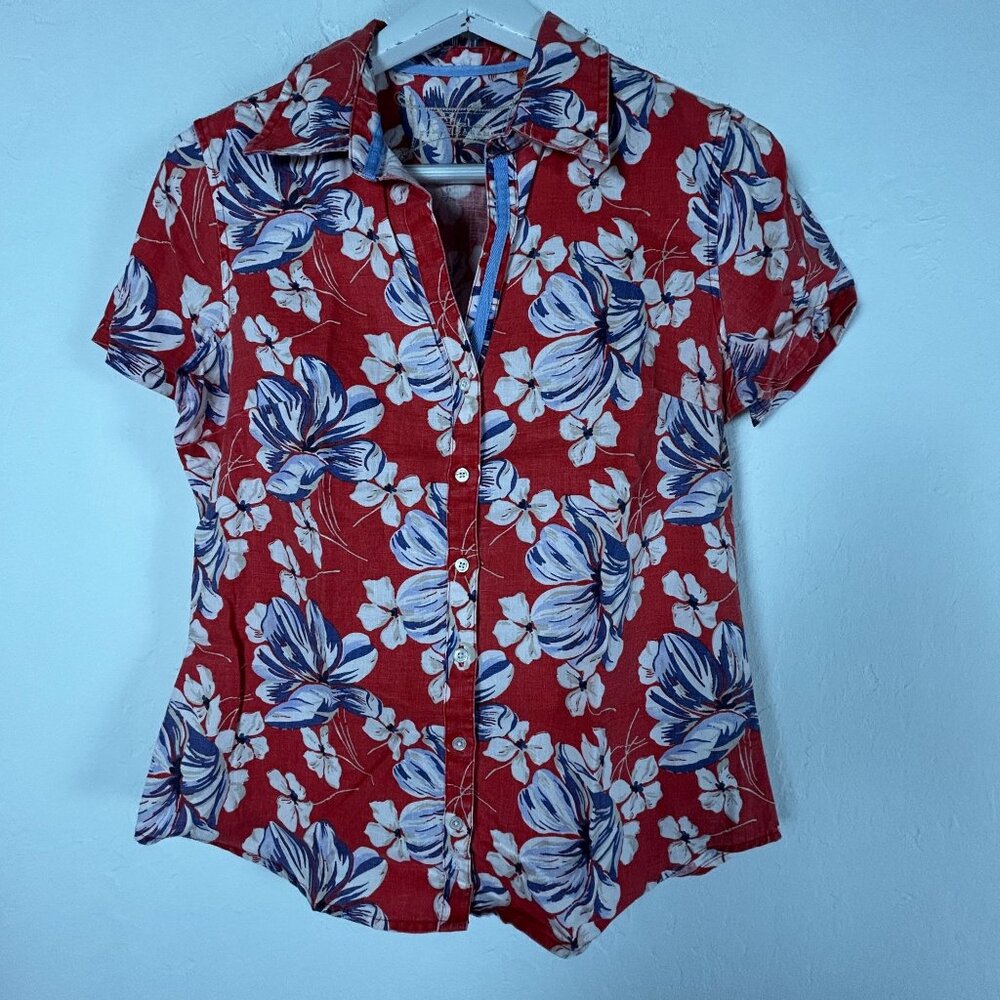Tommy Bahama Womens Red Floral 100% Linen Button-Up Short Sleeve Shirt Top Small